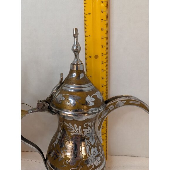 Vintage Dallah Coffee Pot Middle Eastern Style Brass & Silver Floral Engravings - Picture 7 of 10